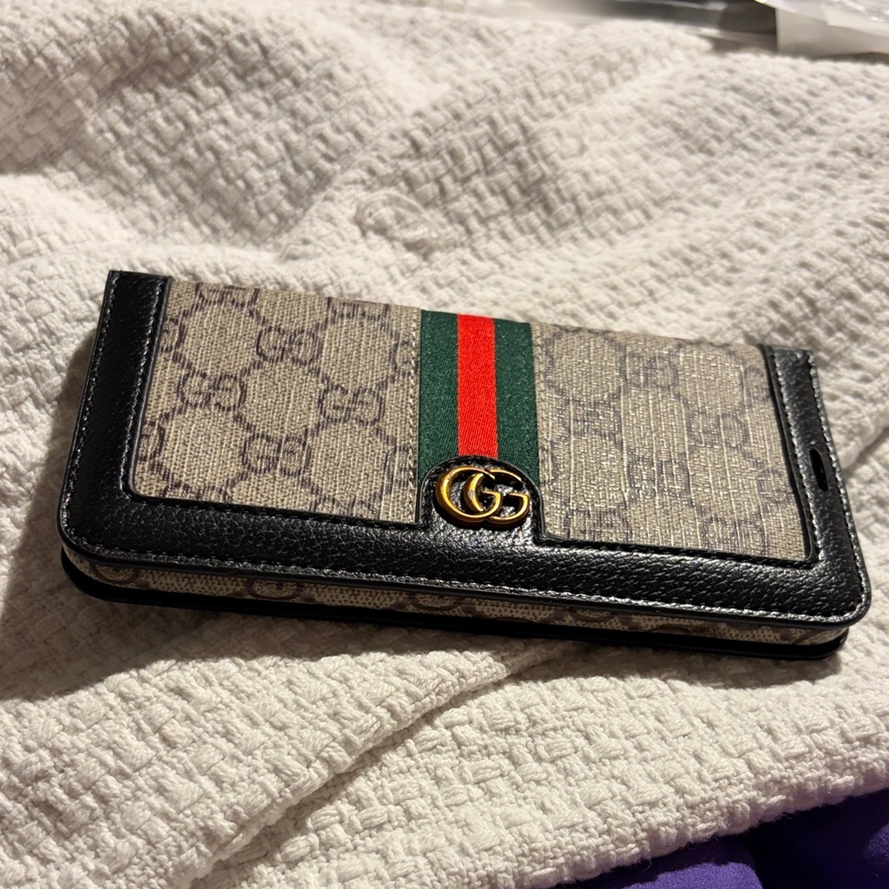 Beige and Black Wallet with Red-Green Stripe